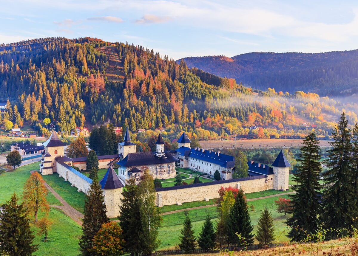 Monastery Sucevita in Bucovina region - Aerial View